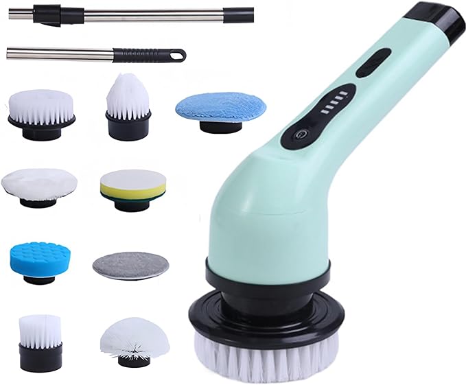 Cordless Electric Spin Scrubber, 9 Replacement Cleaning Heads IPX6 Dual Cleaning Brush with Extension Arm for Bathroom Bathtub Grout Tile Floor (9