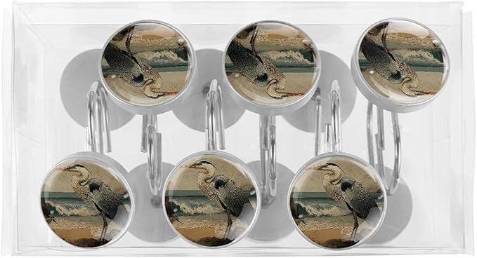 Beach Heron Shower Curtain Hooks, 12Pcs Decorative Rust Resistant Shower Rings for Shower Curtain Rods, Stainless Steel Round Curtain Hooks for Bathroom, Bedroom, Farmhouse