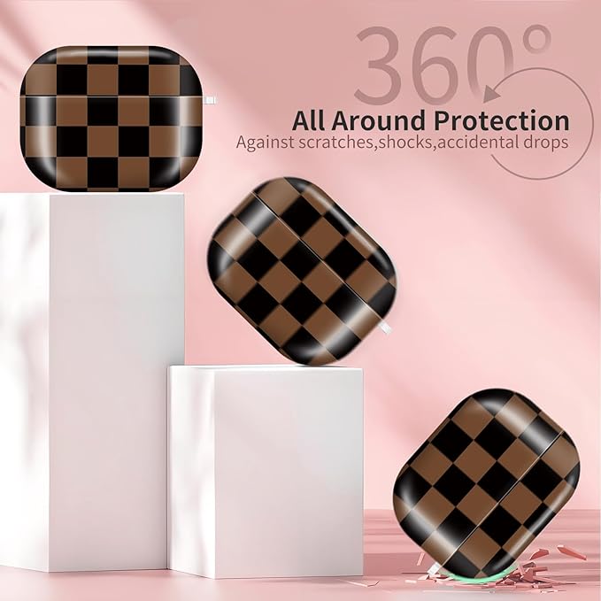 Compatible with AirPods Pro 3rd Generation 2025 Case Cover with Gold Keychain - Cute Protective Hard AirPod Pro 3 Cases for Women - Brown Black Checkered