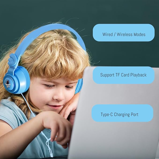 Bluetooth Headphones Wireless For Kids ,Volume Limited 85/89dB,Bluetooth 5.3,Over On Ear Foldable Noise Protection Headset,Wired Inline AUX Cord Mic for Boy Travel School Phone Pad Tablet PC (blue)