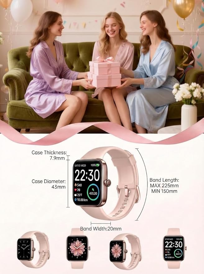 SKG Smart Watch for Women, Fitness Tracker with 5ATM Swimming Waterproof, Sleep Monitor, 1.7'' Touch Screen Smartwatch Fitness Watch for Android-iPhone iOS,V7 Pink