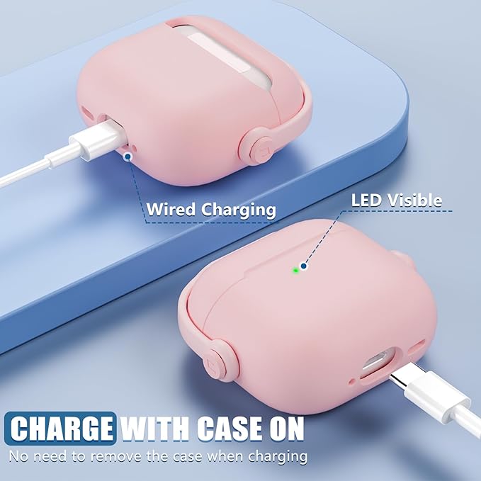 with Safety Lock for Airpods 4 Case, TPU Case for Apple Airpods 4 Case 2024 USB-C with Cleaner Kit, Drop Protection Airpods 4 Case Cover with Lock and Keychain, Cherry Blossom Pink