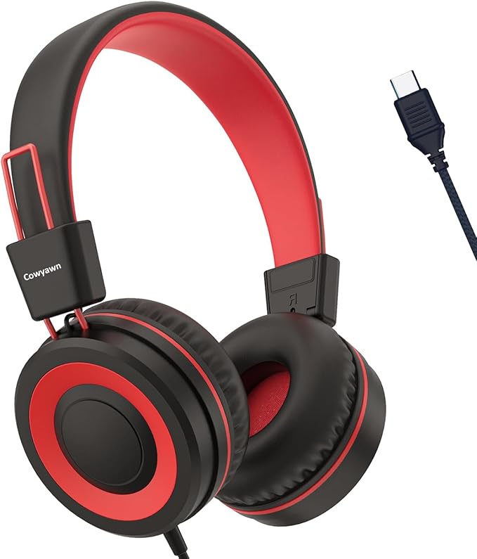 USB Type C Kids Headphones for School, Wired Toddler Headphones, 94dB Volume Limited, HD Stereo Sound, Foldable Lightweight On-Ear Wired Headphones for Kids/Children/Teens/Boys (Red Black)