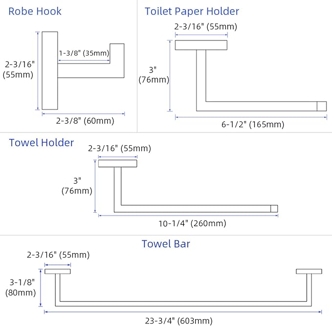 Bathroom Hardware Set Matte Black, Angle Simple Stainless Steel Bath Accessory Kit, 4 Pieces - Towel Hook, Toilet Paper Holder, Towel Holder and Towel Bar