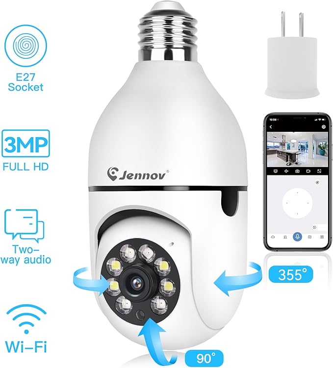 Jennov 2K Light Bulb Security Camera Wireless Outdoor, Indoor Light Socket Cameras for Home Security, Human Detection, 355°, Color Night Vision, 5G/2.4G WiFi, Screw in, Compatible with Alexa