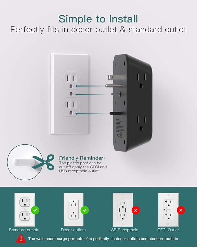 Addtam Surge Protector Outlet Extender, 6-Outlet Splitter with 4 USB Wall Charger(PD 20W), Multi Plug Wall Outlet 1800J Power Strip for Home Office Dorm Room Essentials, Black