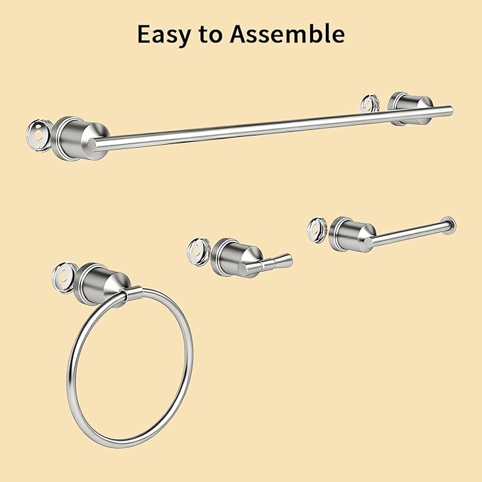 YUMORE Brushed Stainless Steel Bathroom Hardware Set, 4-Pieces Wall Mounted Bath Accessories Kit with Towel Bar, Towel Ring, Toilet Paper Holder & Robe Hooks, Modern Durable Design