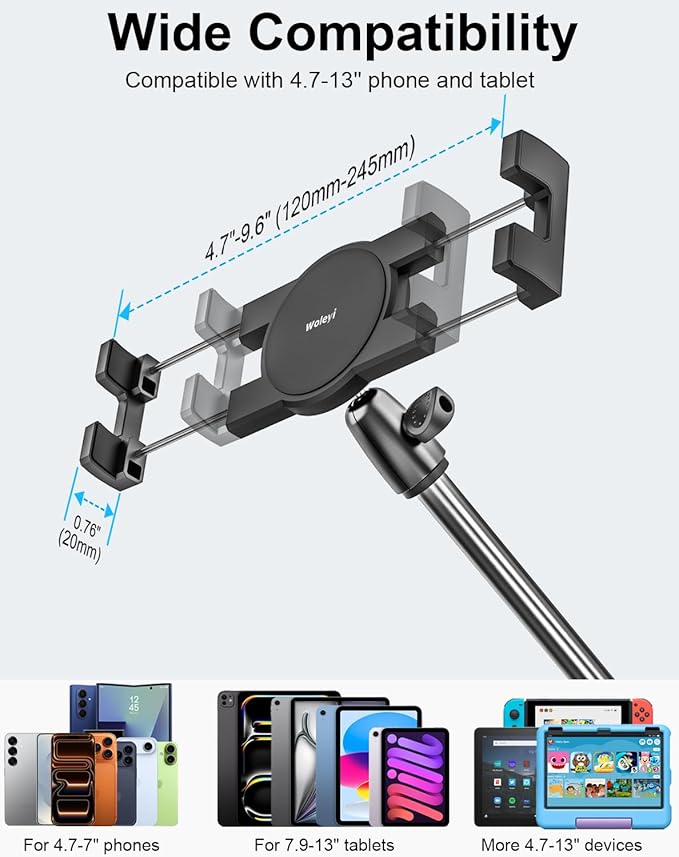 Tablet Wall Mount Holder, 35" Aluminum Foldable Arm, 360 Degree Angle Adjustable for Kitchen/Desk, for iPad Pro Air Mini, Galaxy Tab, Z Fold, Fire HD, Switch, iPhone, Camera, Webcam, 4.7-13" Devices