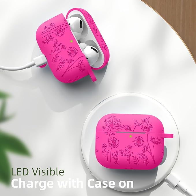 Lerobo Flower Engraved Cover for Airpods Pro 2 Case, Cute Soft Silicone Skin Full Protective Cover Compatible with Apple Airpods Pro 2nd Generation/1st Generation Case with Keychain