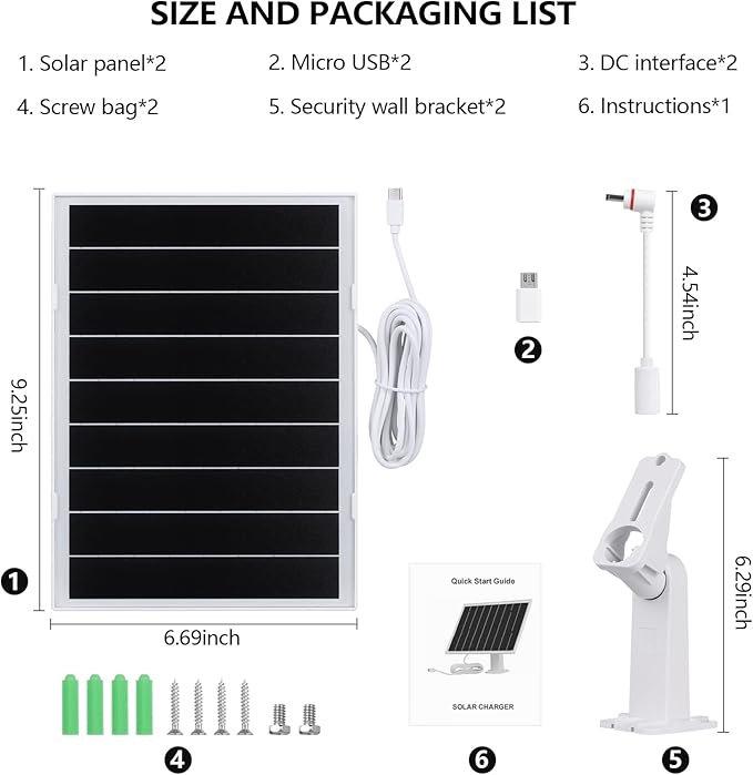 8W Solar Panel for Security Camera, Waterproof Outdoor Solar Charger with USB-C&DC&Micro USB Port for Ring/Wyze Rechargeable Battery Camera, 9.5ft Cable, 360° Adjustable Bracket(2 Pack)