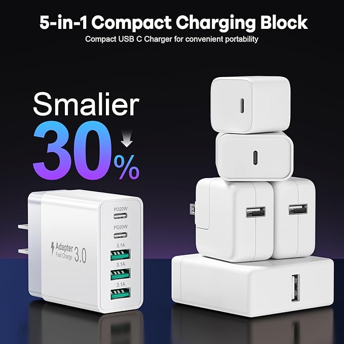 2Pack 5-Port USB C Charger Block, 50W Fast Charging Blocks 3 USB-A+2 USBC Wall Plug Power Adapter Outlet Multiport Type C Box Cube Brick for iPhone 16e 16 Pro Max iPad, Tablets Samsung S25, Pixel 7