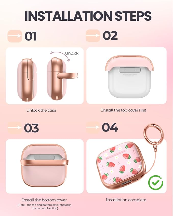 Coralogo for AirPods 3rd Case with Safety Lock - Cute Cartoon for AirPods 3rd Generation for Women Girls Fashion Stylish Strawberry Pattern Design Kawaii Girly Girlish Hard Protective Cover