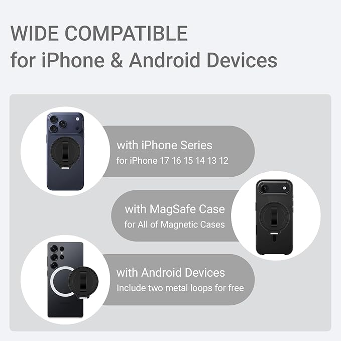 Grat 3 for Magsafe Magnetic Phone Grip Stand, 360° Rotatable Silicone Strap Phone Loop Holder, Detachable Ring Kickstand Compatible with iPhone 17 Pro Max Air 16 15 14 13 12, Black