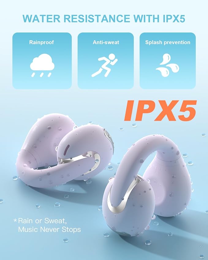 Open Ear Clip Wireless Earbuds Bluetooth 5.4, Lightweight Comfort Sports Bone Conduction Headphones Built-in Mic for Clear Audio, Stable Fit Earphones 24H Play-Purple