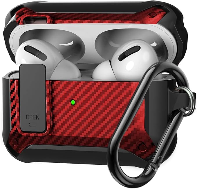 for Airpods Pro 2/1 Gen Case Cover with Lock Clip (2019/2022/2023), Rugged Locking Protective Case for Airpod Pro 2nd Generation Shockproof Armor Skin for Apple iPod Pro, Black/Red