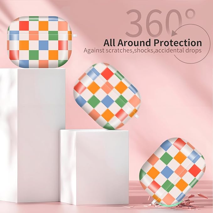 Compatible with AirPods Pro 3rd Generation 2025 Case Cover with Gold Keychain - Cute Protective Hard AirPod Pro 3 Cases for Women - Checkered Colorful
