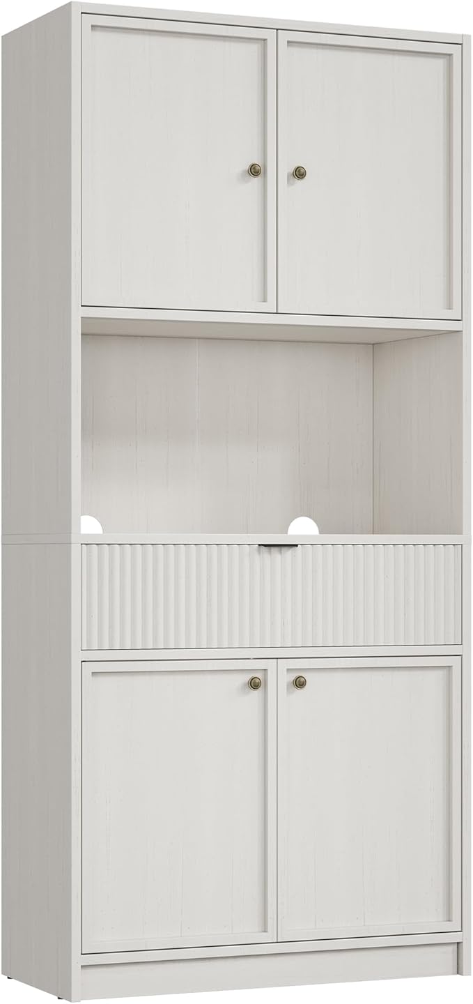 Garvee Tall Kitchen Pantry Cabinet, 70" Pantry Storage Cabinet with Countertop, Fluted Kitchen Hutch Cabinets with Doors and Drawer, Freestanding Cupboard for Dining Room, Living Room, Antique White