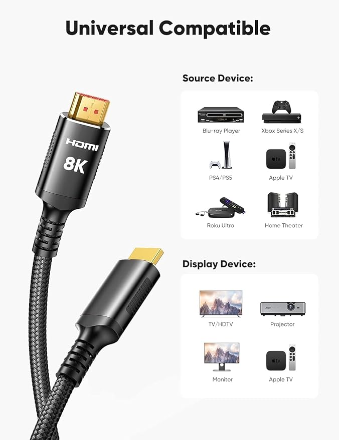Snowkids 150FT/45M Long 8K HDMI Fiber Optic Cable 2.1, Unidirectional 48Gbps High Speed 8K60 4K Braided HDMI Cord eARC HDR10 2.2&2.3 Compatible for TV/Monitor/PS-5/X-box/Sound System & More