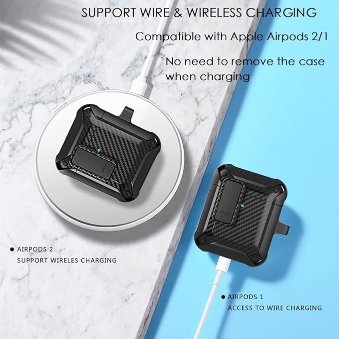 for Airpods 2nd 1st Generation Case Men Lock with Cleaner Kit, Rugged AirPod 2/1 Gen Protective Hard Cover Shockproof Skin Boys Women with Keychain for Apple iPods 2nd/1st Cases, Black