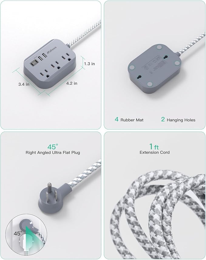 Cruise Ship Essentials - 1Ft Flat Extension Cord with Multiple Outlets, Power Strip USB Charging Station with Non Surge Protector for Cruise Ship, Travel, Dorm Room Essentials, Grey