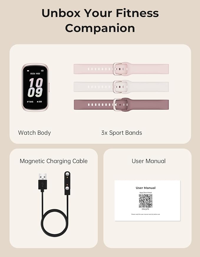 Fitness Tracker with 24/7 Heart Rate Monitor, Sleep Tracker - 3 ATM Waterproof Fitness Watch Calorie Step Counter Smart Watch Includes 3 Sport Bands for Android iOS Women Men, Mystic Rose/Starlight