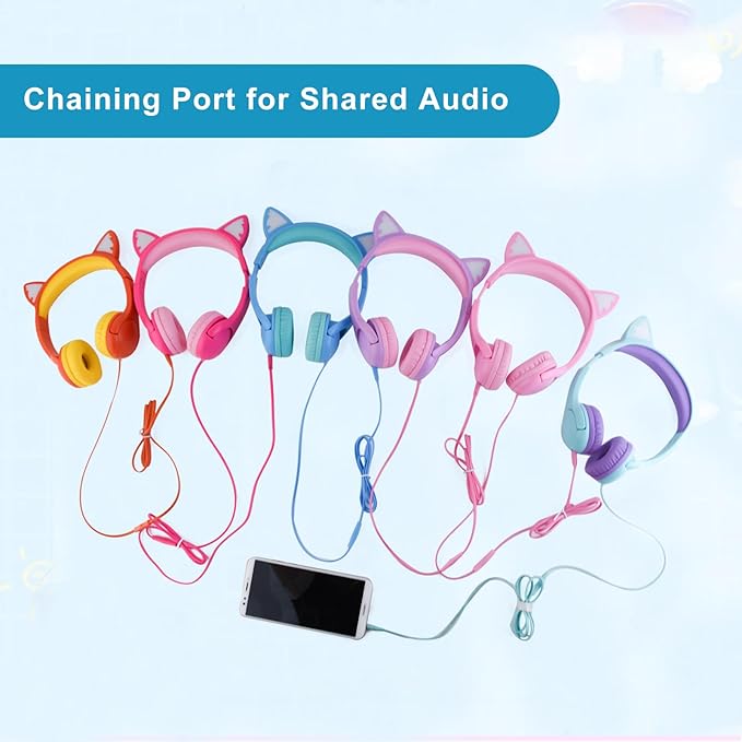 Olyre Kids Headphones with MIC for School, 85dB Safe Volume Limited Light Up Cat Ear Headphones,Wired Cord On-Ear Headset for Children/Boys/Girls/Travel-Green/Purple