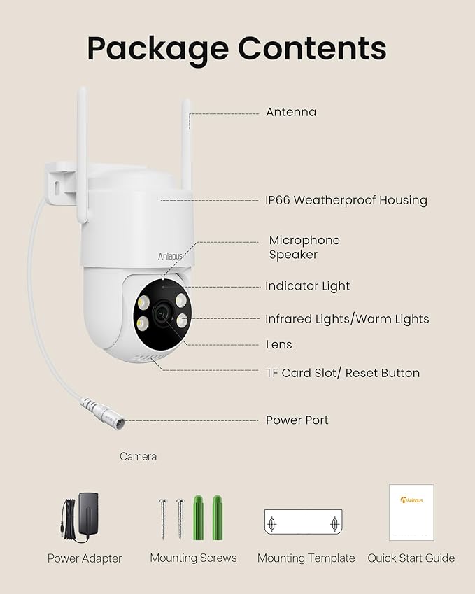 Anlapus 2 x C281 3MP 2K Security WiFi Camera Outdoor, 360° Pan/Tilt Wired Security Camera, AI Detect, Auto Track, Color Night Vision, 2-Way Talk, 2.4/5GHz, Light Siren Alarm, Cloud/Memory Card Storage