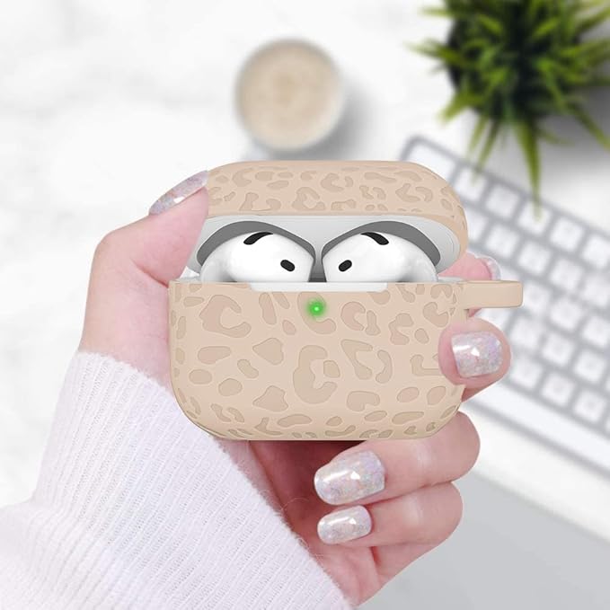 Engraved Leopard Case Compatible with AirPods 4th Generation Cover with Keychain, Skin Soft Cover for Compatible with AirPods 4 Case Full Protection,Front LED Visible, Milk Tea