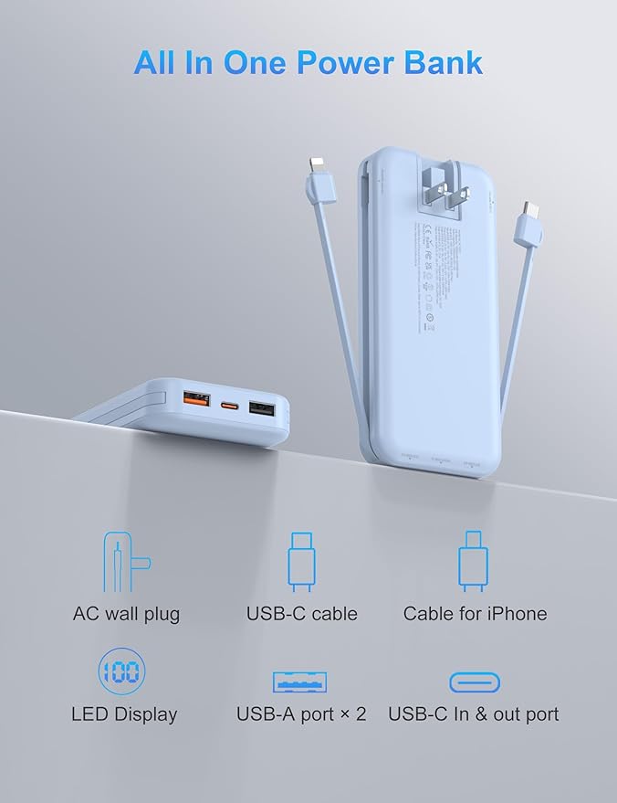 Portable Charger with Wall Plug, 10000mAh USB C Power Bank Fast Charging, External Battery Pack with Built in Cables, Digital Display, 5 Output 4 Input for iPhone Android Cell Phone Tablet