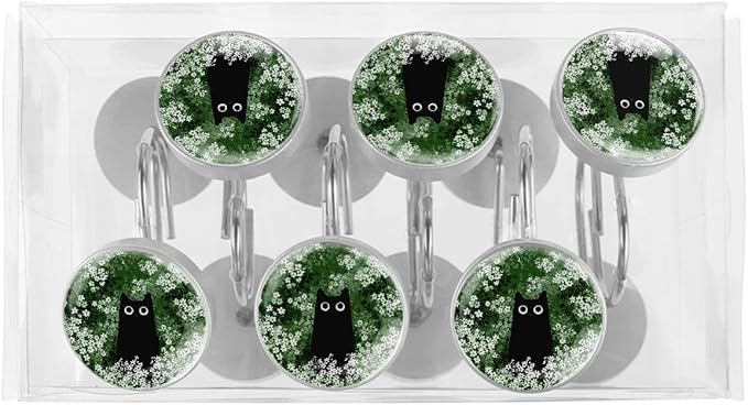 12 Packs Black Cat Floral Shower Curtain Hooks, Stainless Steel Glass Shower Curtain Rings for Bathroom, Rustproof Metal Curtain Rod Hooks