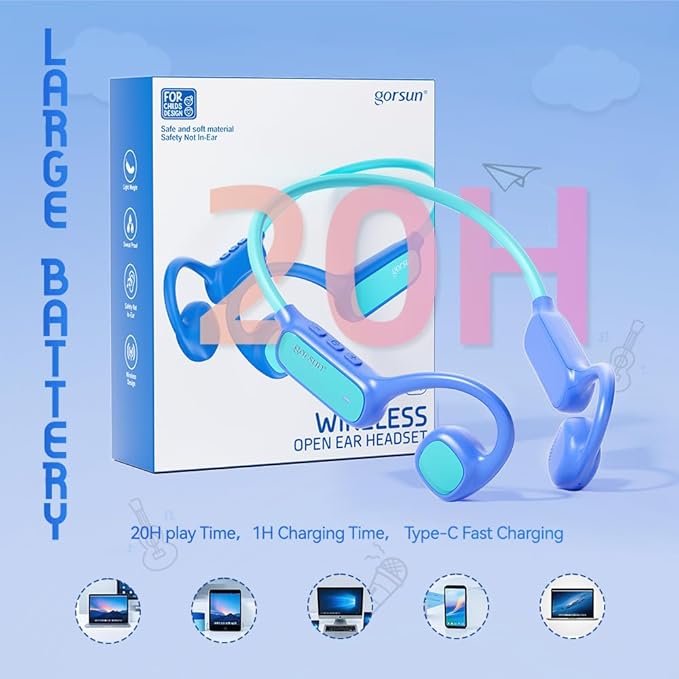 Kids Bluetooth Headphones, Wireless Kids Earbuds with 85dB Volume Limit, Bluetooth5.3, Air Conduction Open-Ear Headphones, 20-Hour Playtime, with Built-in Mic for Toddlers, Boys and Girl (Blue)