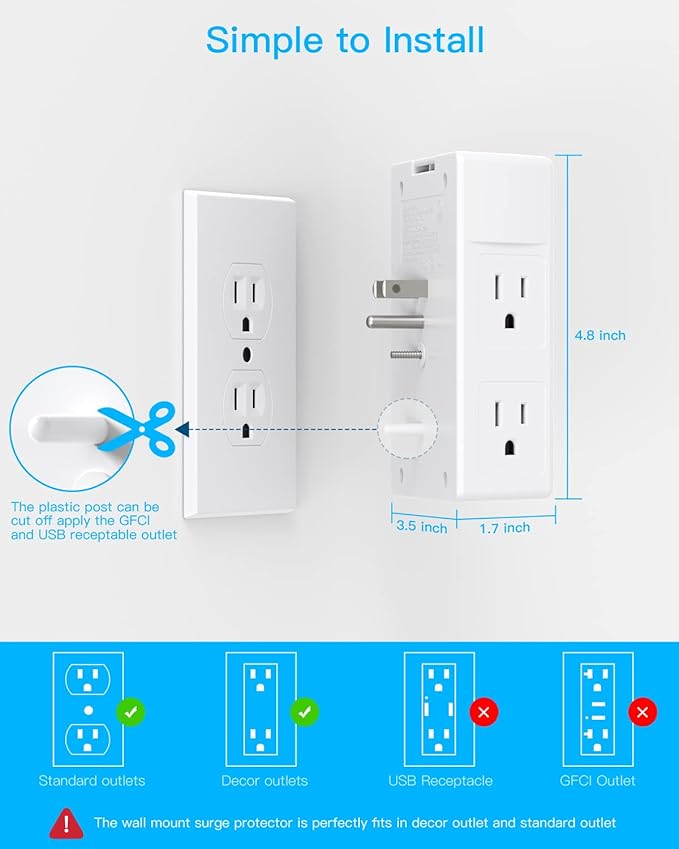 2 Pack Multi Plug Outlet, Surge Protector, 5 Outlet Extender with 4 USB Charging Ports (2 USB C), USB Wall Charger, 3-Sided 1800J Power Strip Outlets Splitter Wall Plug Adapter Spaced for Home Office
