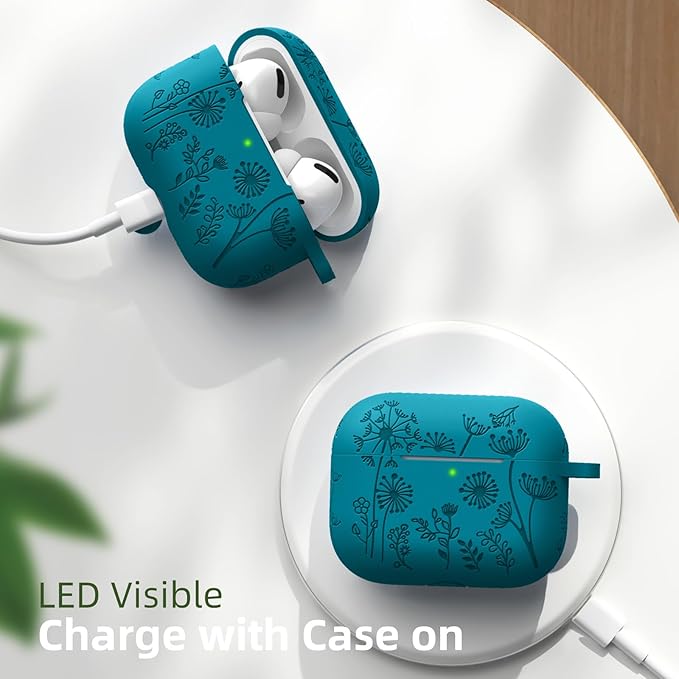 Lerobo Flower Engraved for Airpods Pro/Airpod Pro 2 Case, Cute Soft Silicone Skin Full Protective Cover Compatible with Apple Airpods Pro 2nd Generation Case/1st Generation with Keychain