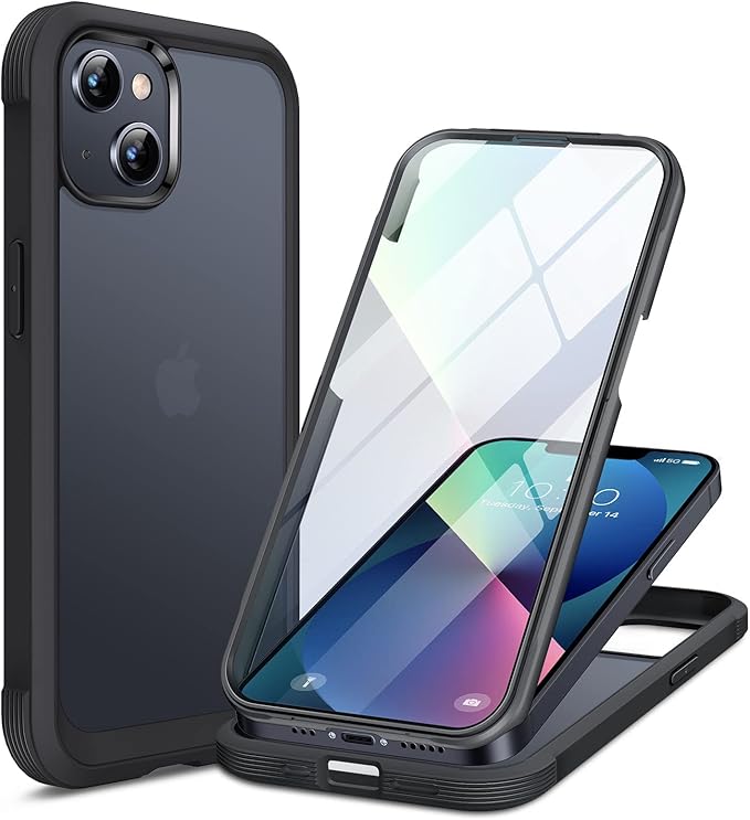 Miracase Glass iPhone 13 Case 6.1 inch, 2021 Upgrade Full-Body Clear Bumper Case with Built-in 9H Tempered Glass Screen Protector for iPhone 13,Matte Black