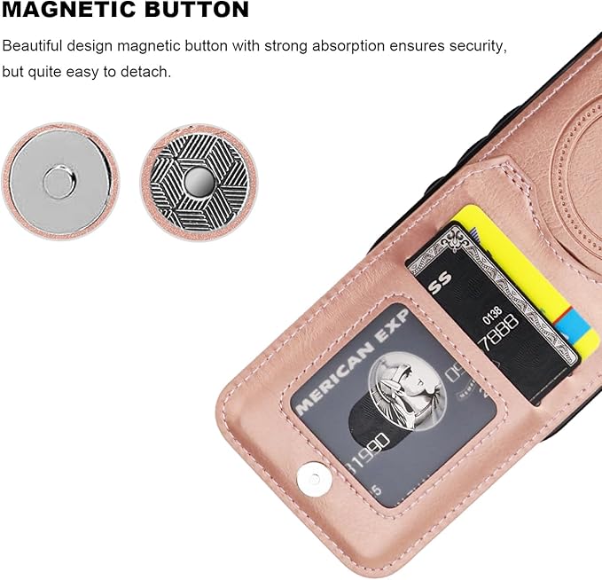 KIHUWEY for iPhone 17 Case Wallet Compatible with MagSafe Wireless Charging, Credit Card Holder, RFID Flip Leather Magnetic Clasp Kickstand Heavy Duty Protective Cover 6.3 Inch (Rose Gold)