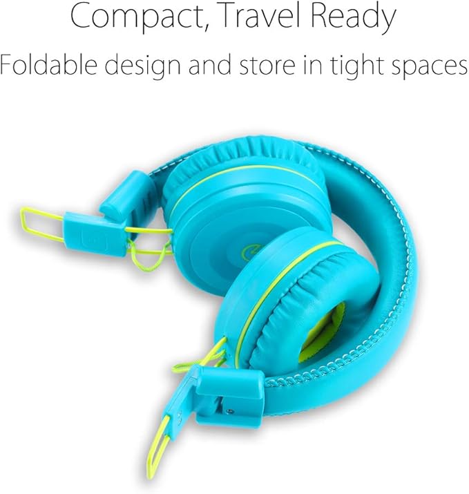noot products Kids Headphones K22 Foldable Stereo Tangle-Free 5ft Long Cord 3.5mm Jack Plug in Wired On-Ear Headset for iPad/Amazon Kindle Fire/Boys/Girls/Laptop/School/Tablet (Teal/Lime)