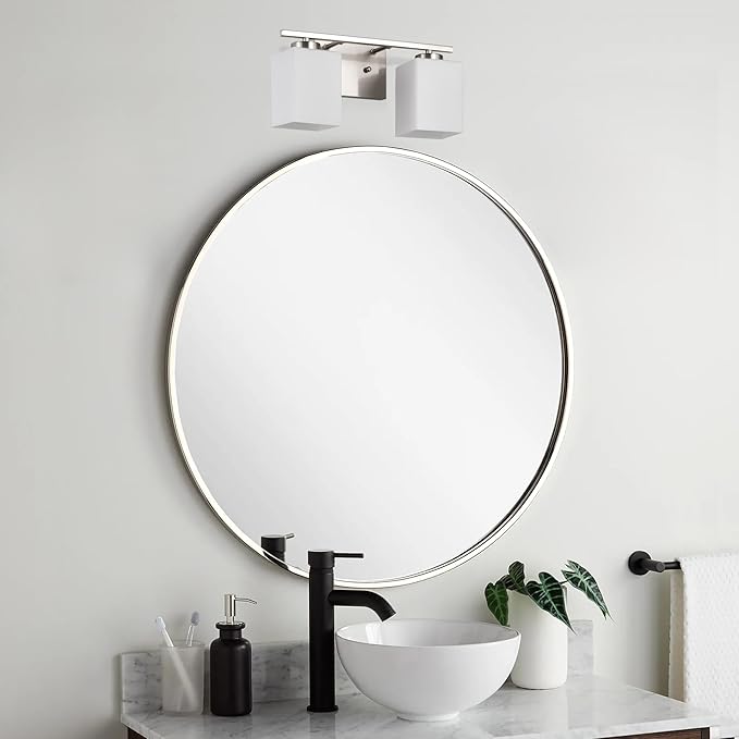 Edvivi Bathroom Light Fixtures, 2-Light Modern Brushed Nickel Vanity Light Over Mirror, Wall Sconces with Square White Glass Shades for Living Room, Bedroom, Hallway, E26 Base