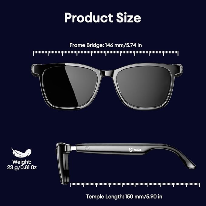 Smart Glasses with Magnetic Detachable Polarised Lenses, Bluetooth 6.0 Sunglasses, Polarized UV Protection, Stylish Bluetooth Glasses for Men & Women, Outdoor Travel Beach City Life, MG-C08 Black