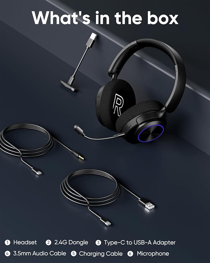 INGA Wireless Gaming Headset for PS5, PS4, PC, Mac, Switch, Game/Chat Balance for PS5/4, 2.4GHz/Bluetooth 5.2, ENC Noise-Cancelling Mic, 7.1 Surround Sound, 3.5mm Wired for Xbox Controller (Blue LED)