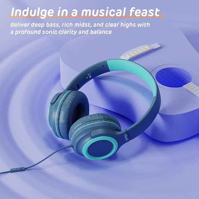 Kids Headphones,Kid Headphone for School with Volume Limit of 94 db,Wired Children Headphone for Travel/Tablet Adjustable Headband Foldable(Blue)