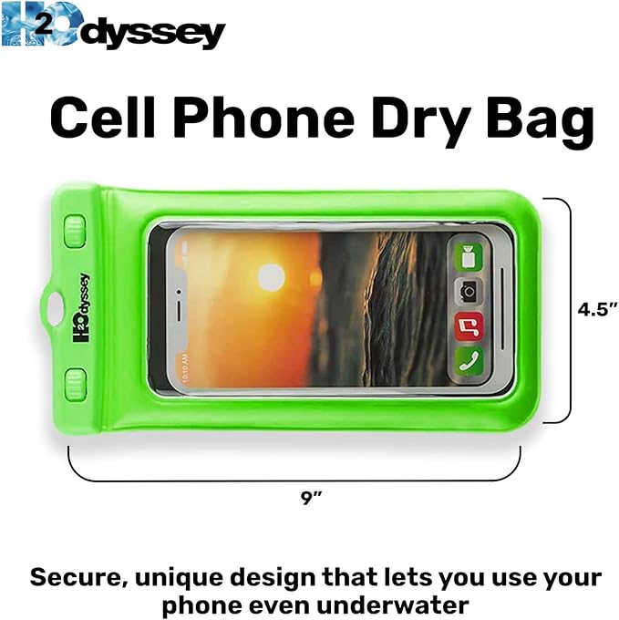 H2ODYSSEY Waterproof Phone Case and Lanyard - Excellent Waterproof Protection - Floats in The Water -Lanyard for Beach Kayak Travel - Universal Size - Green