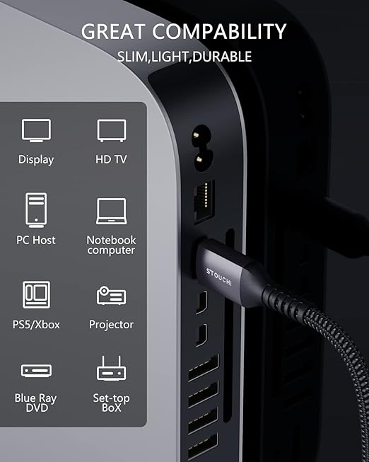 Stouchi HDMI Cables eARC 10FT (Certified) 48Gbps Ultra High Speed HDMI® Cable Braided Nylon 8K@60 4K120Hz 2K144Hz HDR10 4:4:4 HDCP 2.2&2.3 Dolby Compatible for PS5, Mac mini M4 2024, UHD TV and PC