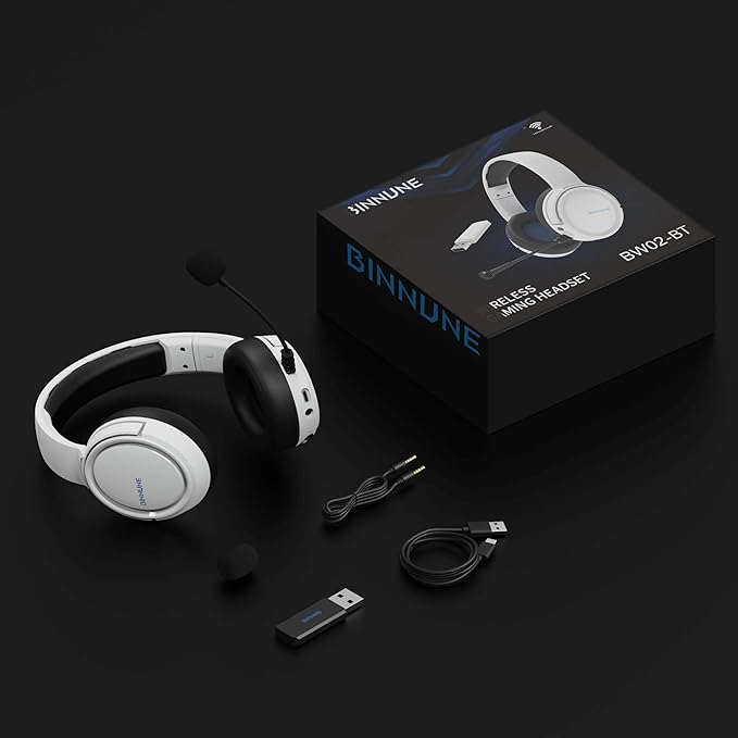 BINNUNE Wireless Gaming Headset — 2.4GHz Low-Latency USB Dongle + Bluetooth, 50mm Drivers 7.1 Surround, Noise-Cancelling Mic, 40H Battery — Over Ear Wireless Headphones for PS5, PC, Laptop, White