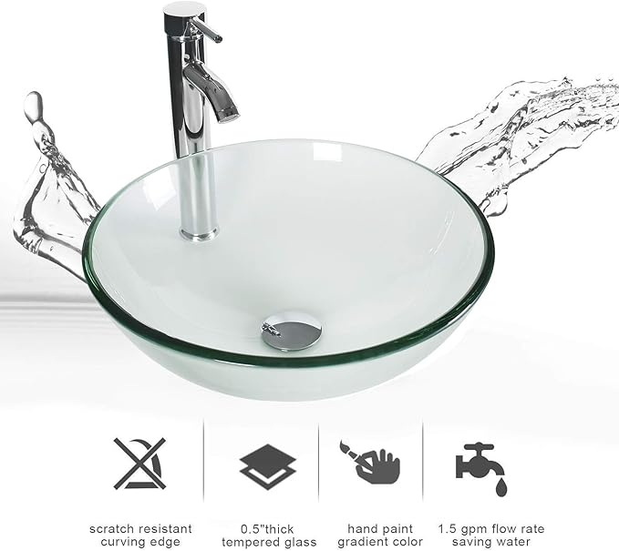 eclife 24" Modern Bathroom Vanity Sink Combo Freestanding Cabinet with Soft Closing Door, Clear Round Glass Vessel Sink, Water Save Faucet, Drain (Black+A16)