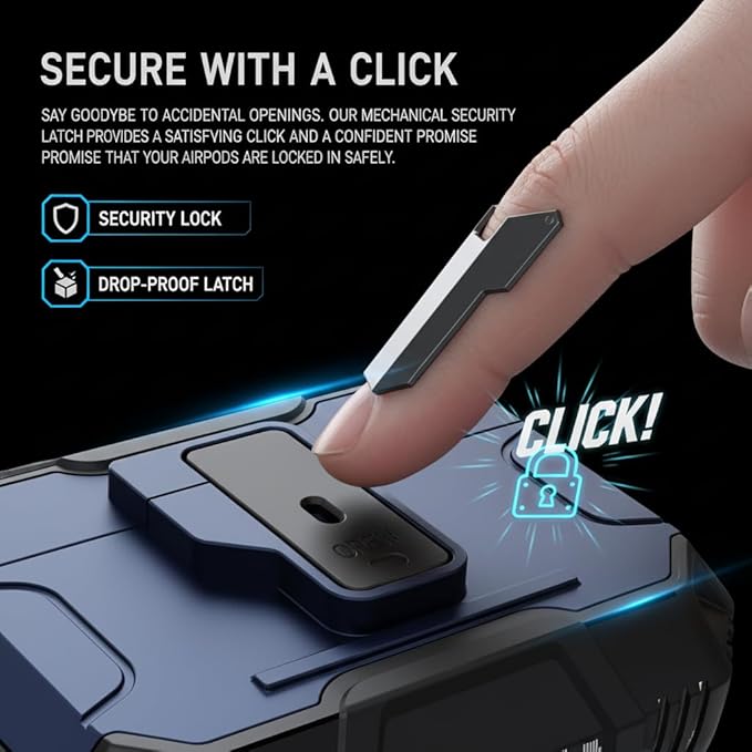 for AirPods Pro 3 Case, Secure Lock Magnetic Lid Cover with Keychain, Military Grade Shockproof Protective Case for Airpods Pro 3rd, Wireless Charging & Front LED Visible, Blue Black