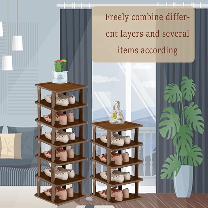 Bamboo Vertical Shoe Rack for Entryway,Narrow Shoe Rack Stackable,Minimalist Shoe Storage,5 Tier Brown Standing Shoe Organizer for Garage Corner Bedroom Hallway(Brown,5-Tier)
