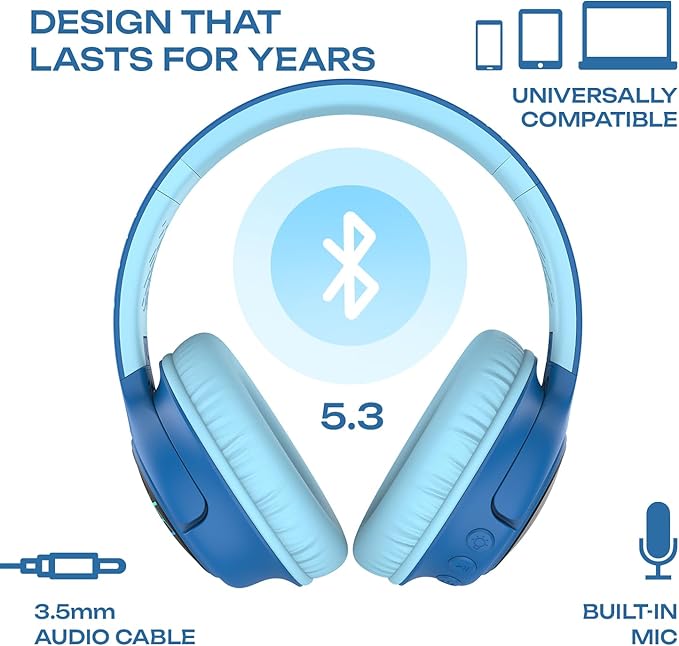 PowerLocus Kids Wireless Headphones, Bluetooth Kids Headphones LED Lights Over Ear with 74/85/94dB Volume Limited, 45H Playtime,Built-in Mic, Two Device Share Mode, HD Stereo for Travel/PC/Tablet