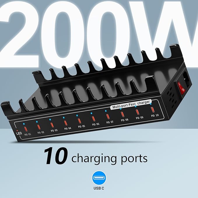 200W USB C Charging Station,Charger with 10 PD Ports, Stations for MacBook, iPhone, Android Cell Phone, iPad, Tablet, Family Multi-Device Organizer Charging Dock