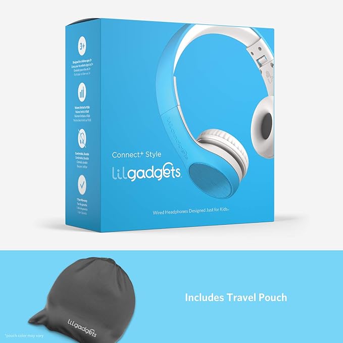 LilGadgets Connect+ Style On-Ear Kids Headphones with Microphone - SharePort Technology, SoftTouch Padding, Detachable Cable, Volume Limiting, Durable & Adjustable - Blue