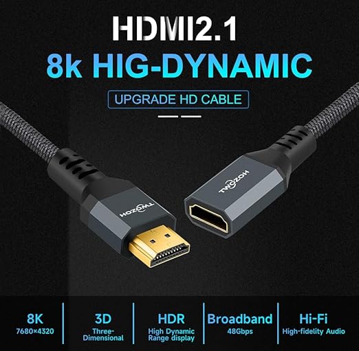 Twozoh 8K HDMI Extension Cable,2 Pack HDMI 2.1 Male to Female Cable, Nylon Braided HDMI Extender Cable Support 8K@60Hz 4K@120Hz 48gbps(1FT)